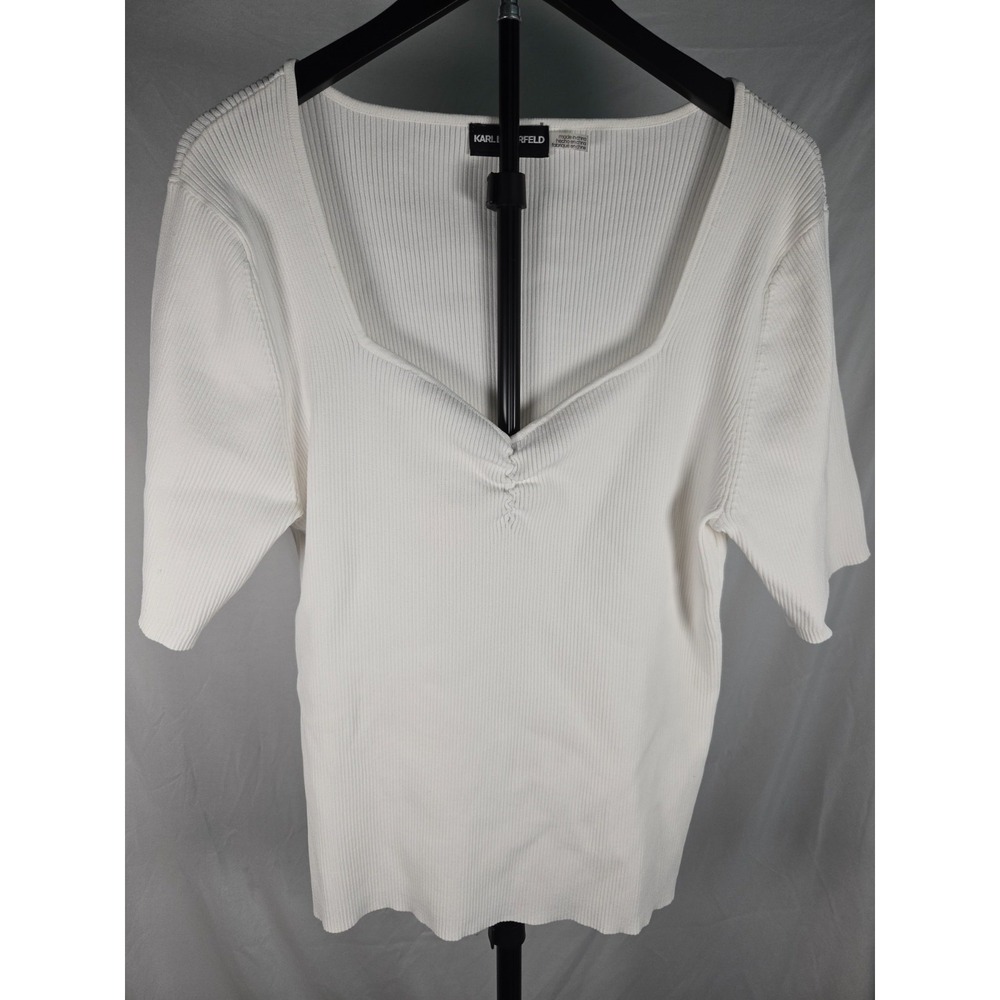 Karl Lagerfeld Paris Sz XL White Ribbed Knit Sweater Top Sweetheart Neck Classic